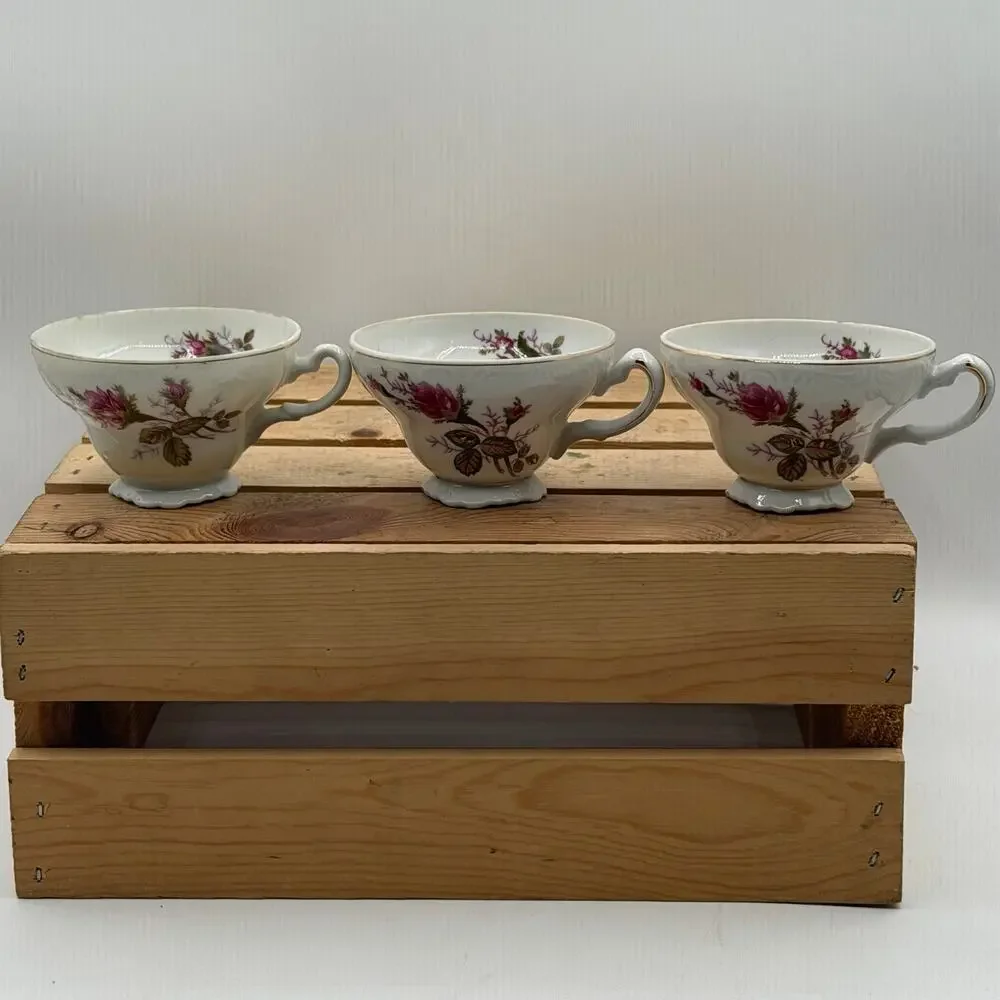 Vintage Pink Rose Fine Porcelain Teacup and Saucer Set –Trio Duo Pair (Set of 3)